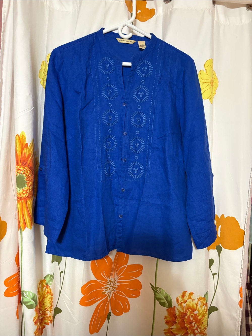 Ecologie Blue 100% Linen Long Sleeve Tunic Embroidered Shirt XL